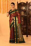 Royal Maroon With Gold Zari Woven Pallu And Forest Green Border Kanjivaram Silk Saree
