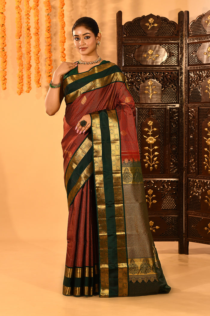 Royal Maroon With Gold Zari Woven Pallu And Forest Green Border Kanjivaram Silk Saree