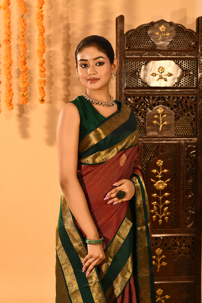 Royal Maroon With Gold Zari Woven Pallu And Forest Green Border Kanjivaram Silk Saree