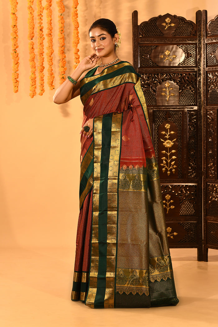 Royal Maroon With Gold Zari Woven Pallu And Forest Green Border Kanjivaram Silk Saree