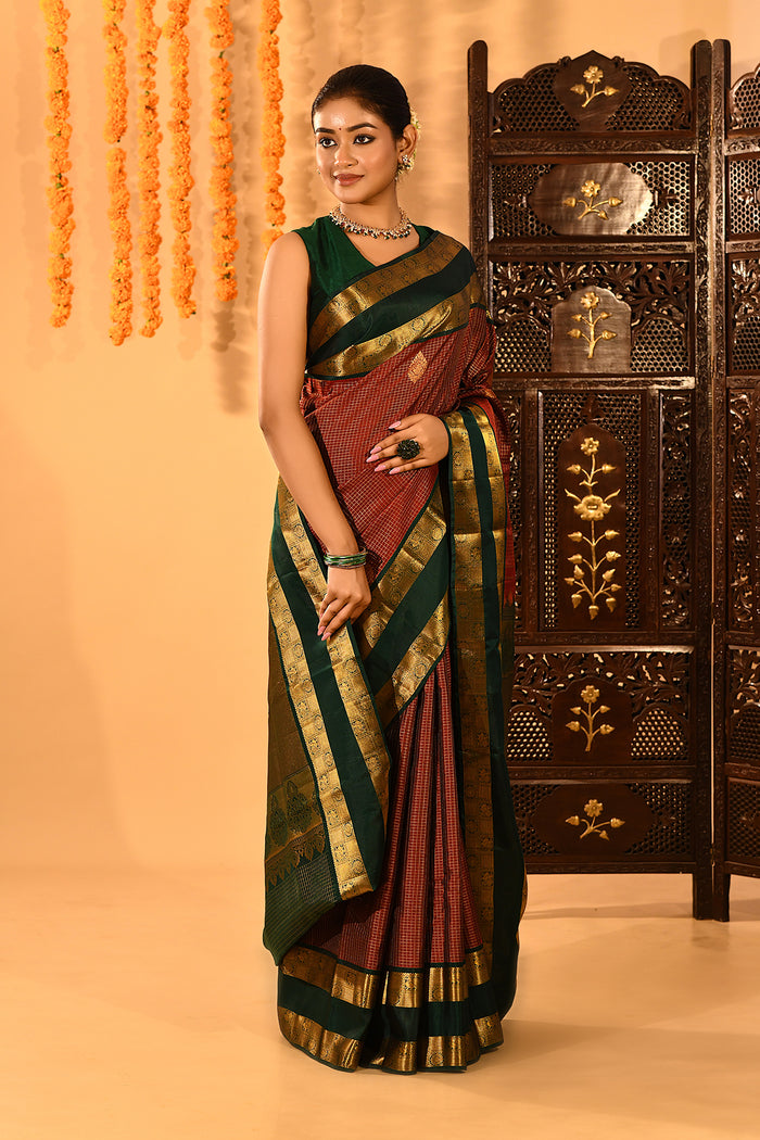 Royal Maroon With Gold Zari Woven Pallu And Forest Green Border Kanjivaram Silk Saree