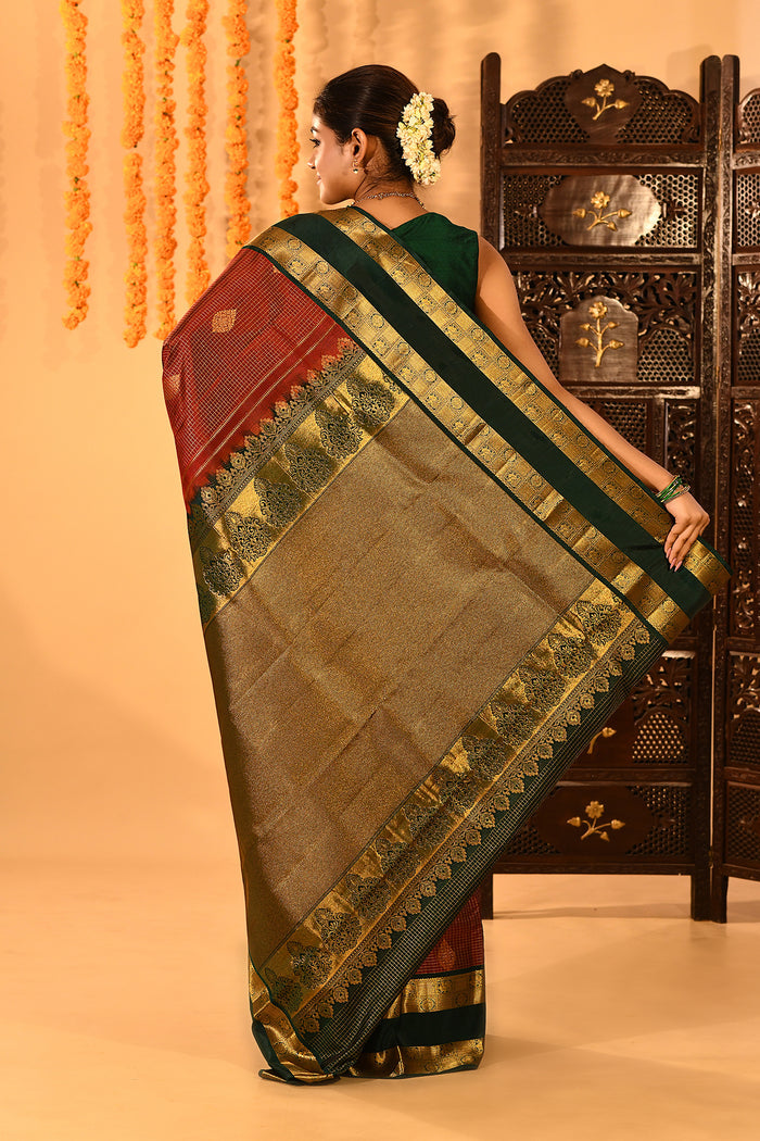 Royal Maroon With Gold Zari Woven Pallu And Forest Green Border Kanjivaram Silk Saree