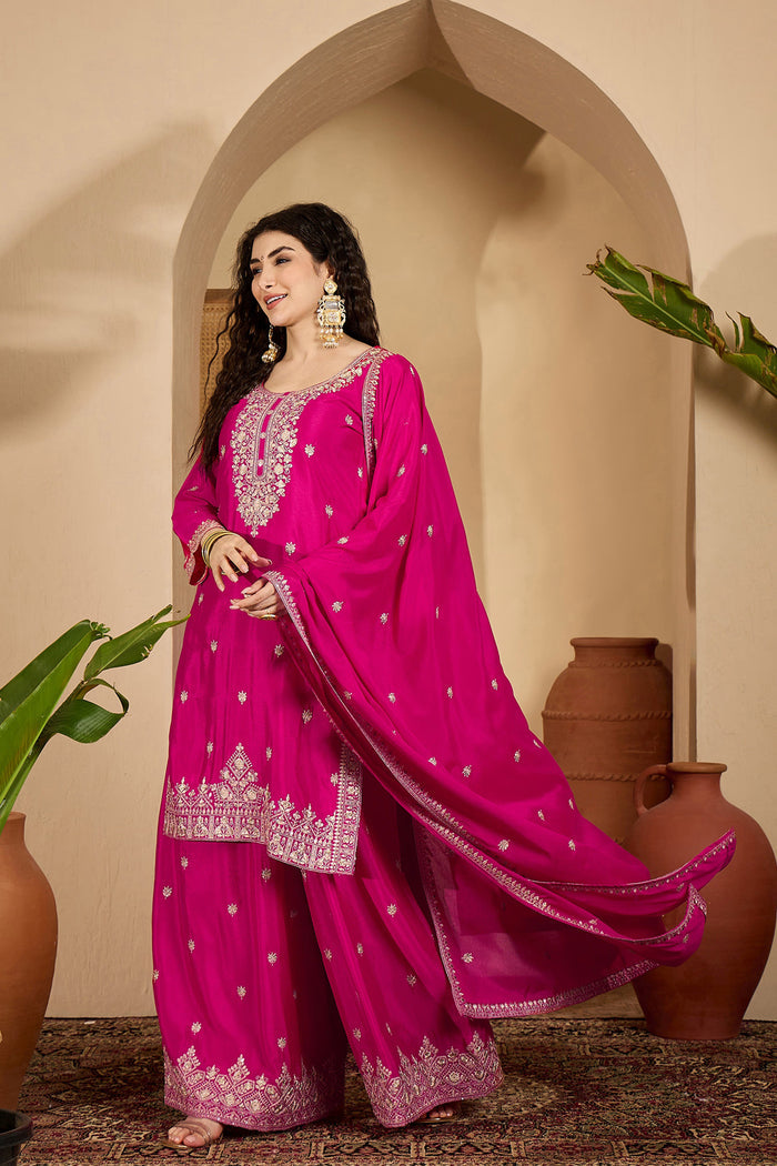 Royal Pink Chinon Silk Embroidered Kurta Set