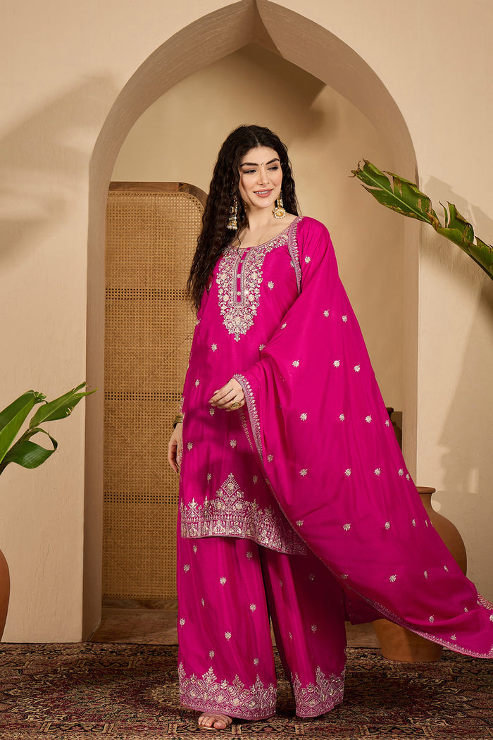 Royal Pink Chinon Silk Embroidered Kurta Set