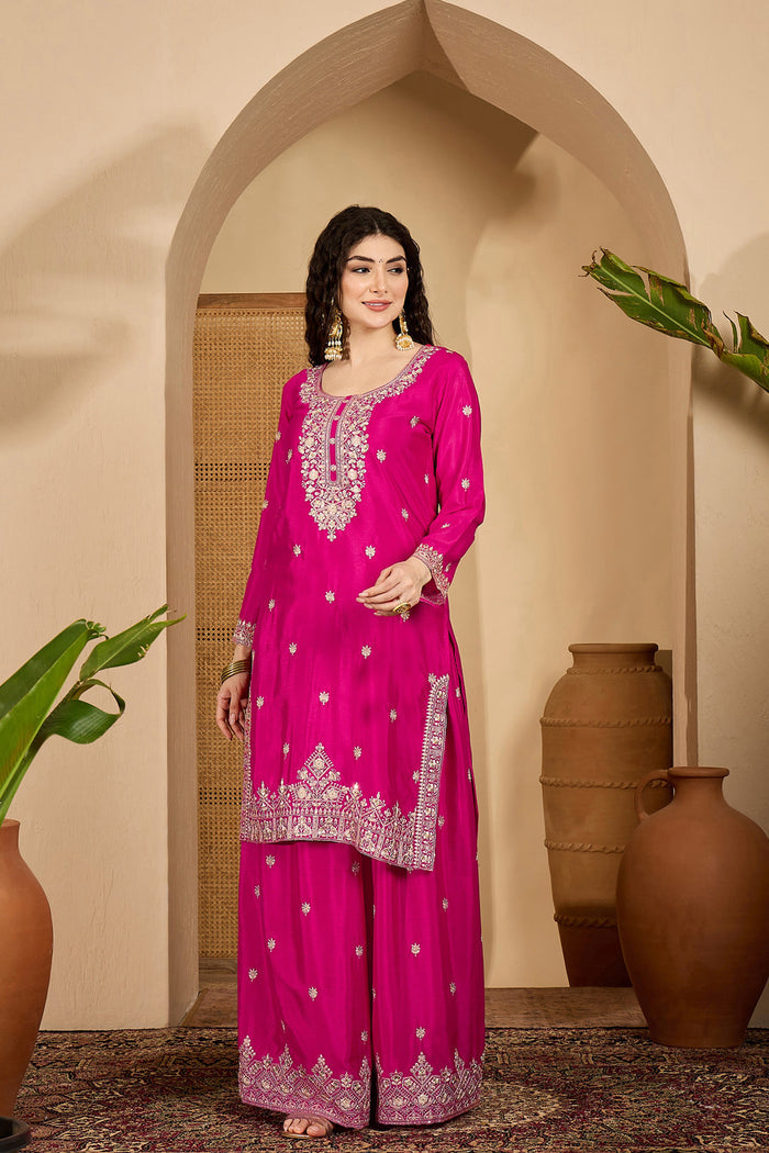Royal Pink Chinon Silk Embroidered Kurta Set