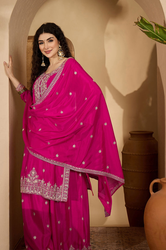 Royal Pink Chinon Silk Embroidered Kurta Set