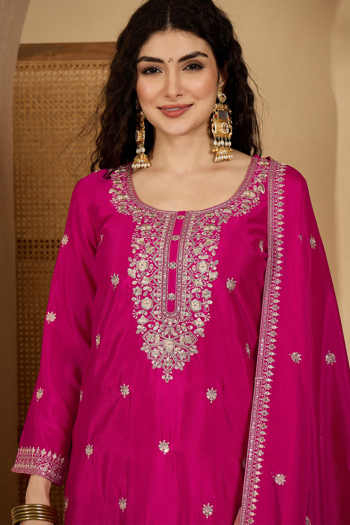 Royal Pink Chinon Silk Embroidered Kurta Set