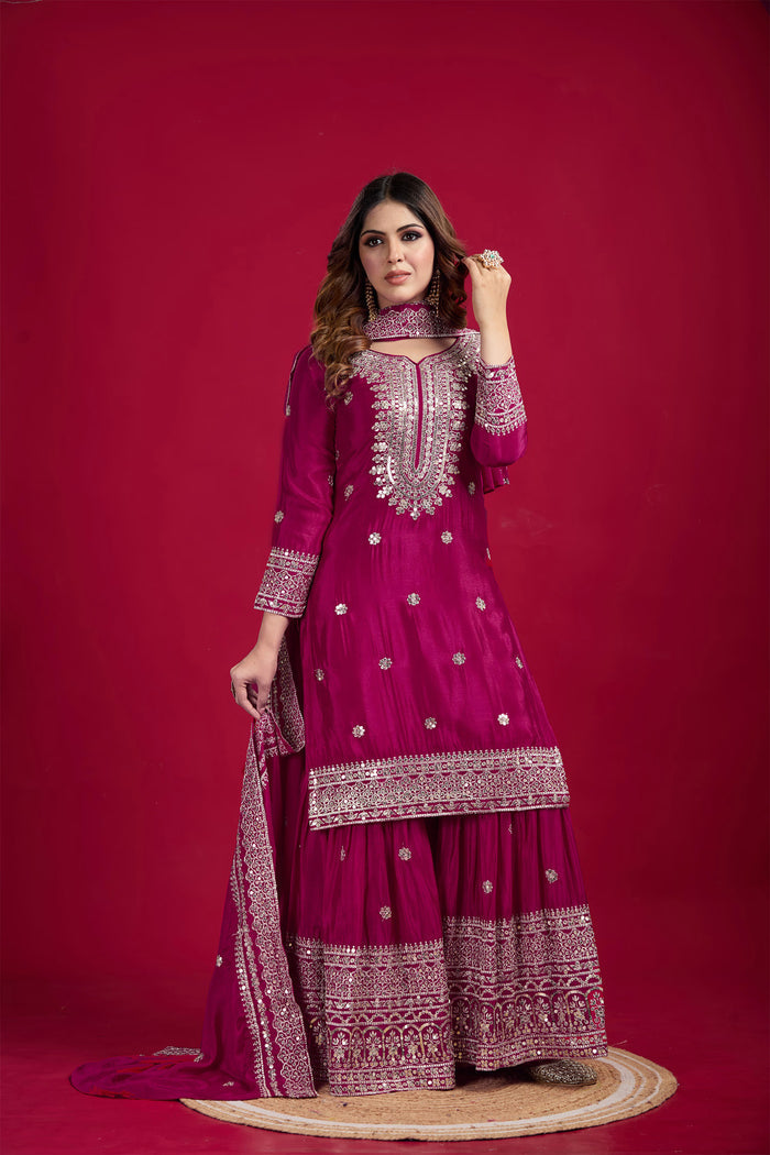 Royal Pink Embroidered Silk Floral Sharara Set