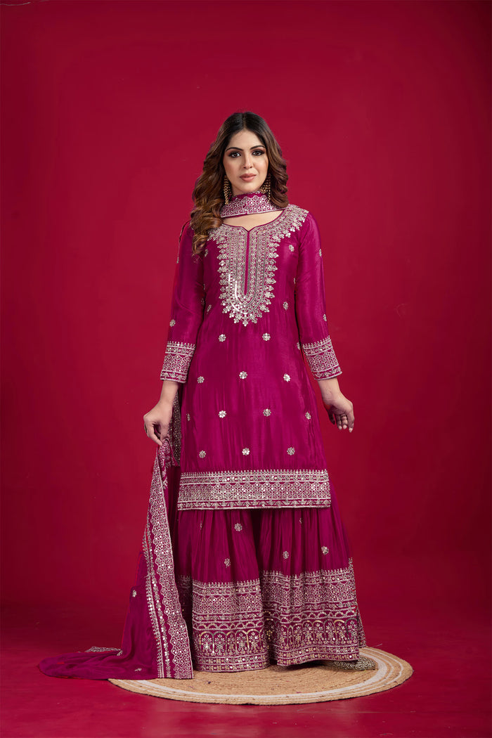 Royal Pink Embroidered Silk Floral Sharara Set