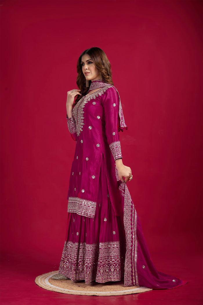 Royal Pink Embroidered Silk Floral Sharara Set