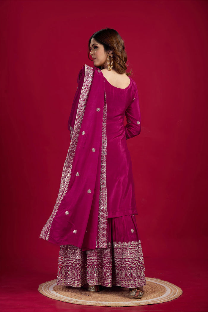 Royal Pink Embroidered Silk Floral Sharara Set