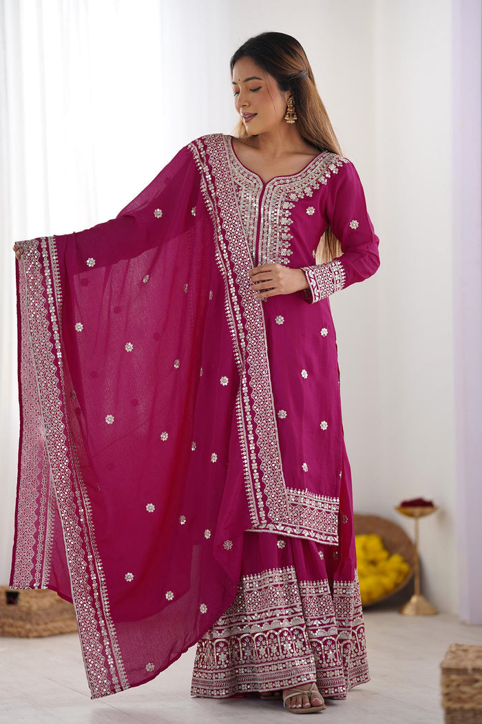 Royal Pink Floral Embroidered Silk Sharara Set