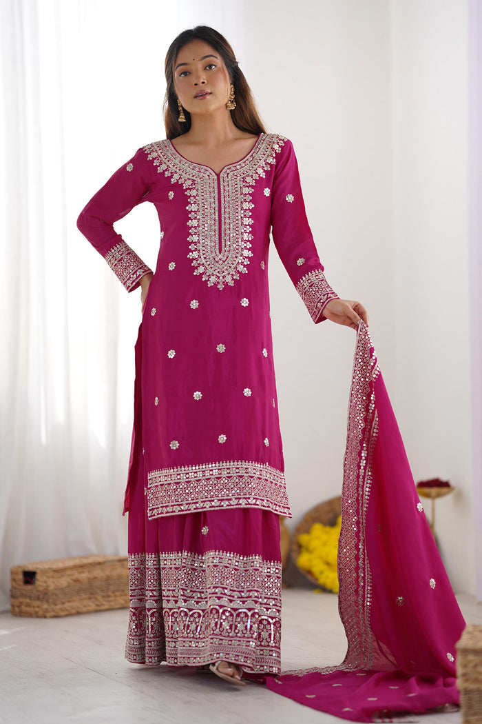 Royal Pink Floral Embroidered Silk Sharara Set
