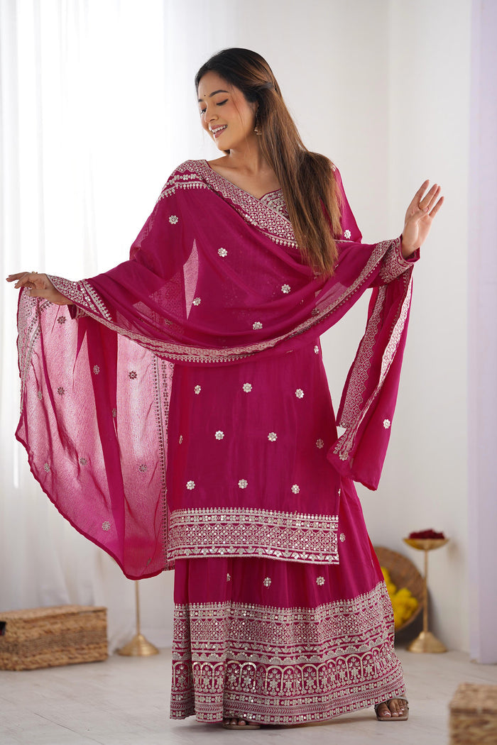 Royal Pink Floral Embroidered Silk Sharara Set