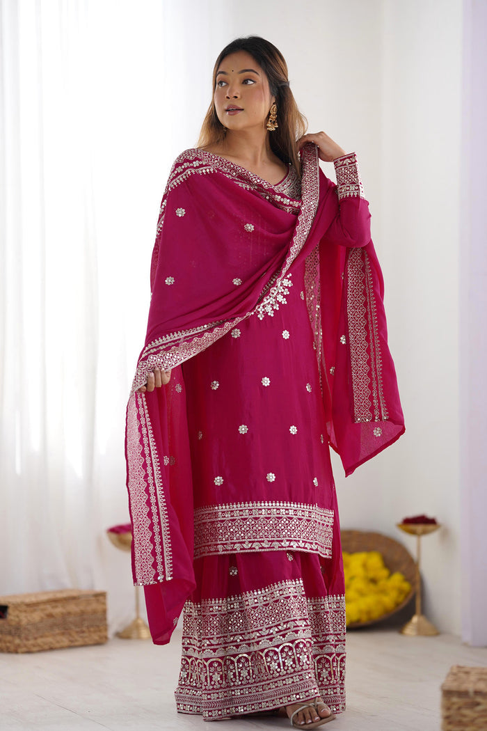 Royal Pink Floral Embroidered Silk Sharara Set