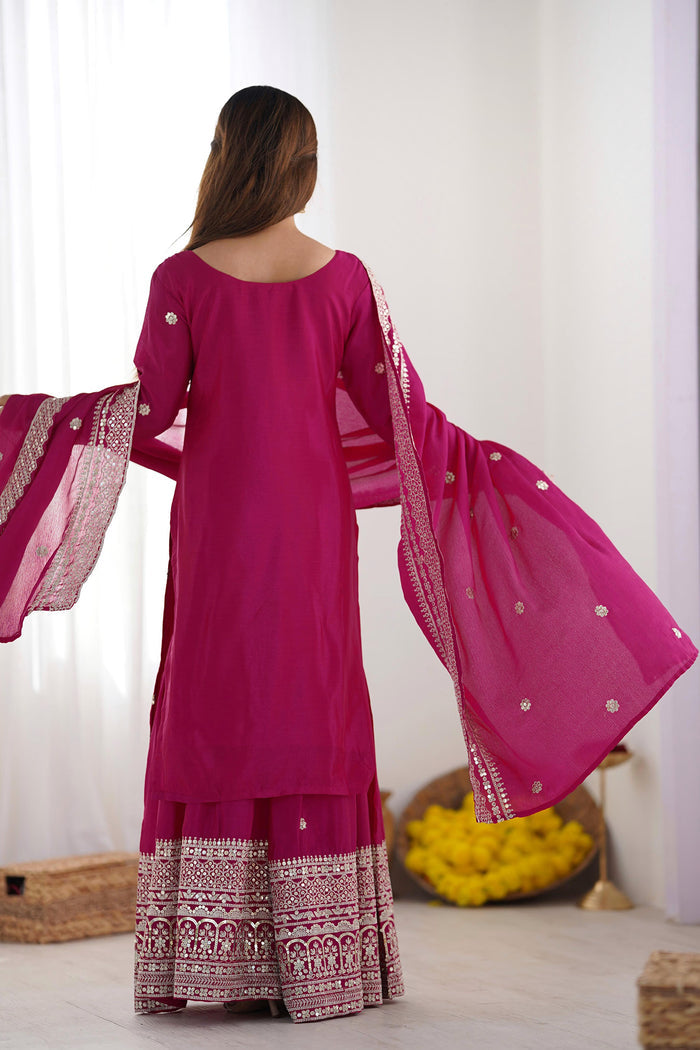 Royal Pink Floral Embroidered Silk Sharara Set