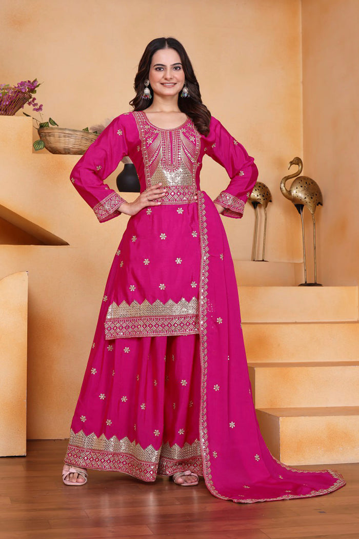 Royal Pink Silk Embroidered Sharara Set