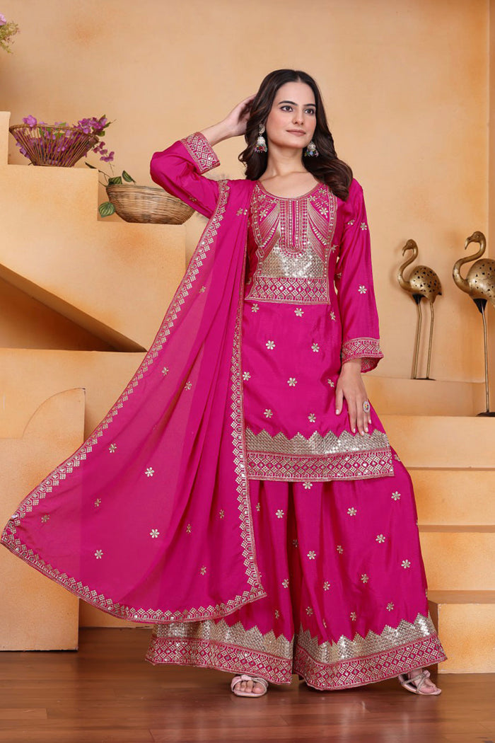 Royal Pink Silk Embroidered Sharara Set