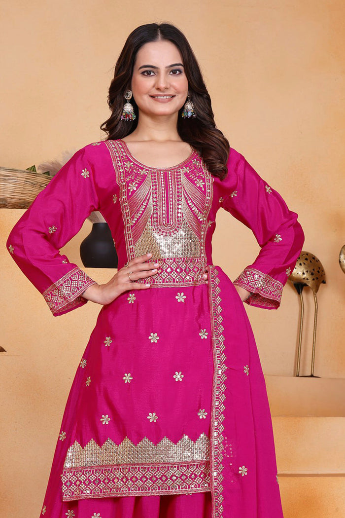 Royal Pink Silk Embroidered Sharara Set