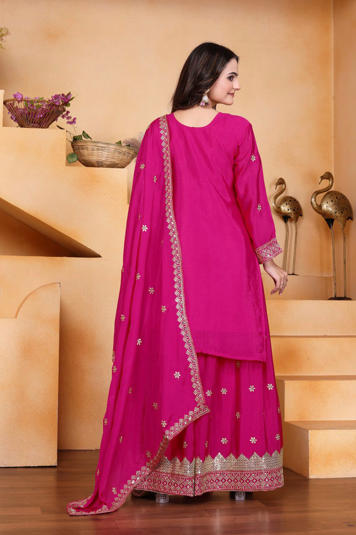 Royal Pink Silk Embroidered Sharara Set