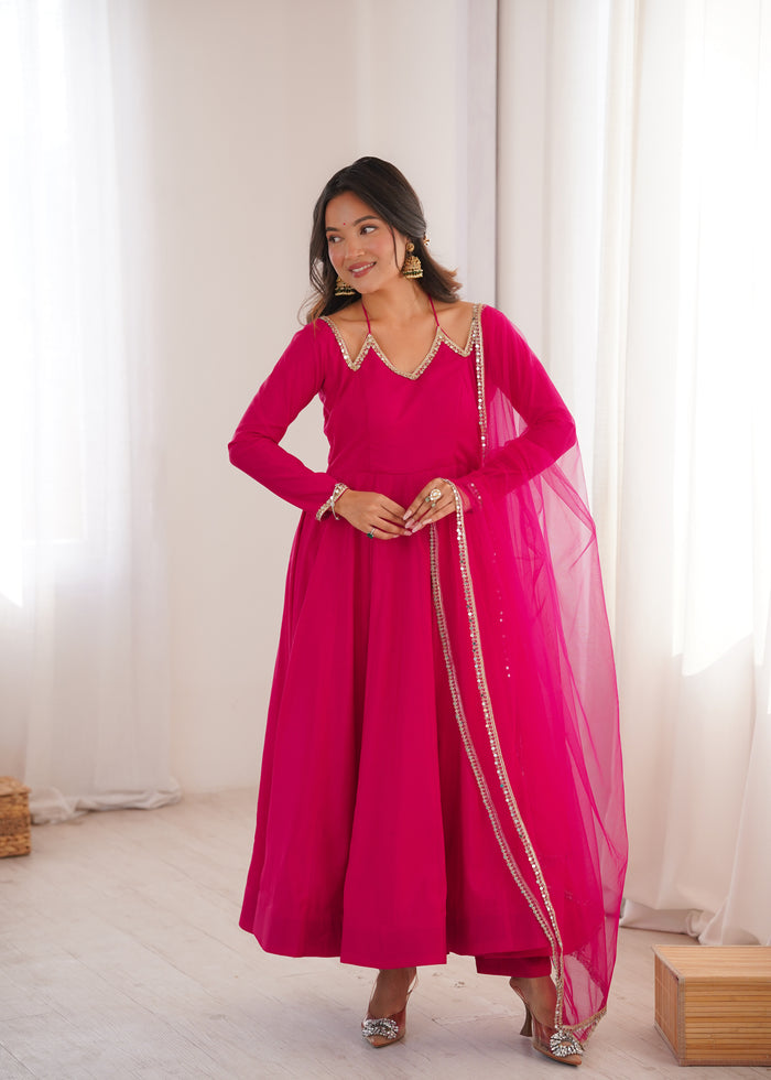 Royal Pink Solid Chanderi Anarkali Set