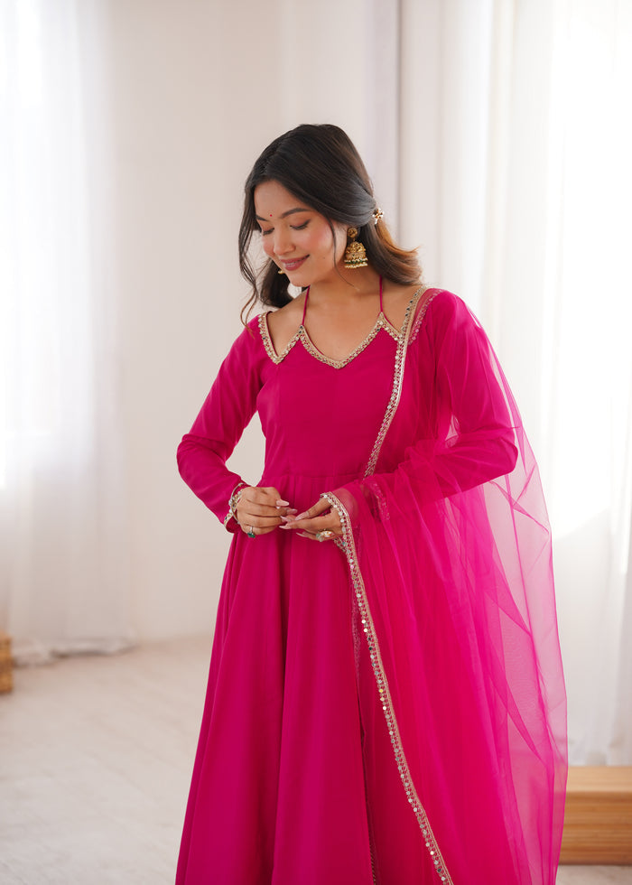 Royal Pink Solid Chanderi Anarkali Set