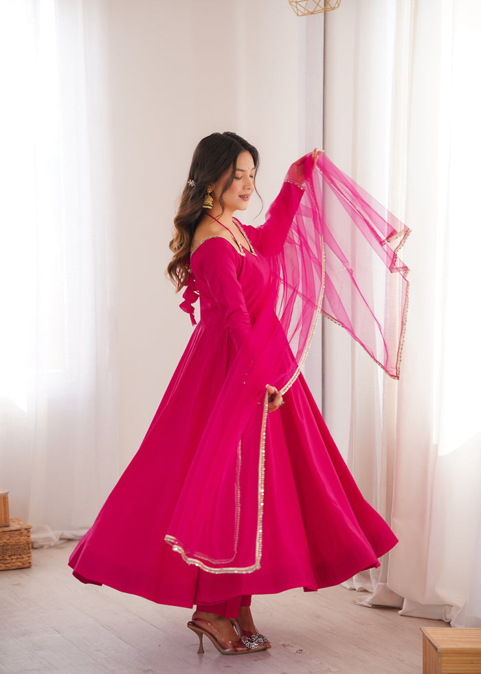Royal Pink Solid Chanderi Anarkali Set
