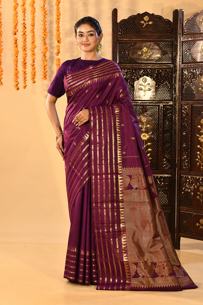 Royal Purple Butti And Temple Border Kanjivaram Silk Saree