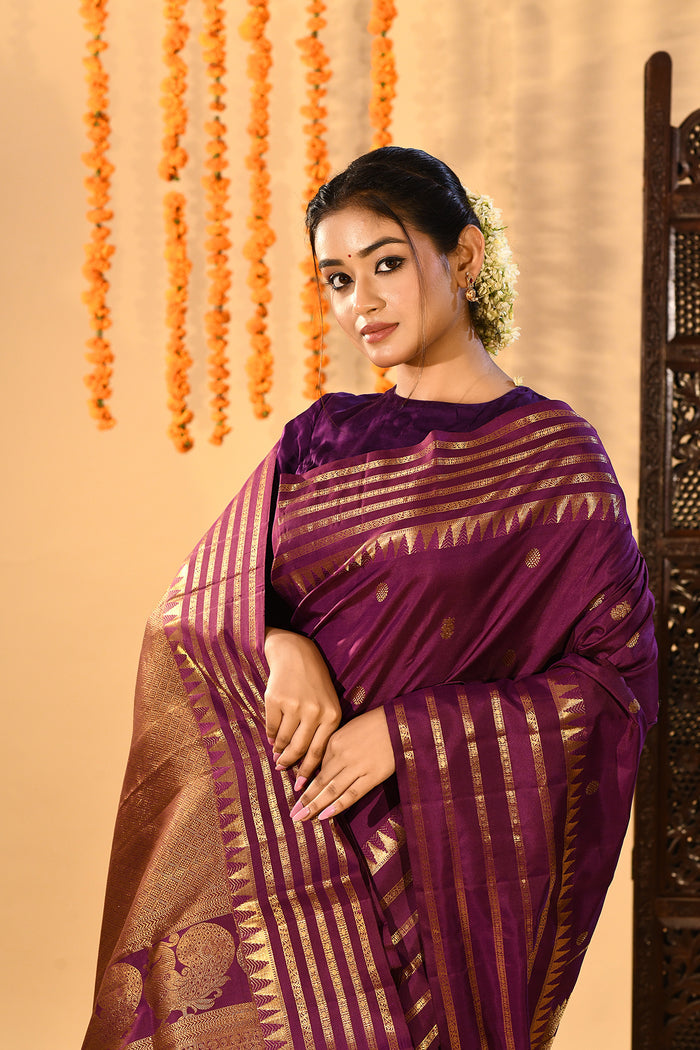 Royal Purple Butti And Temple Border Kanjivaram Silk Saree
