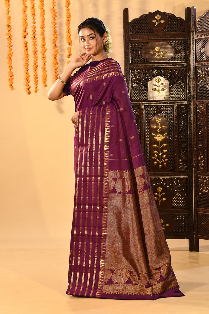 Royal Purple Butti And Temple Border Kanjivaram Silk Saree