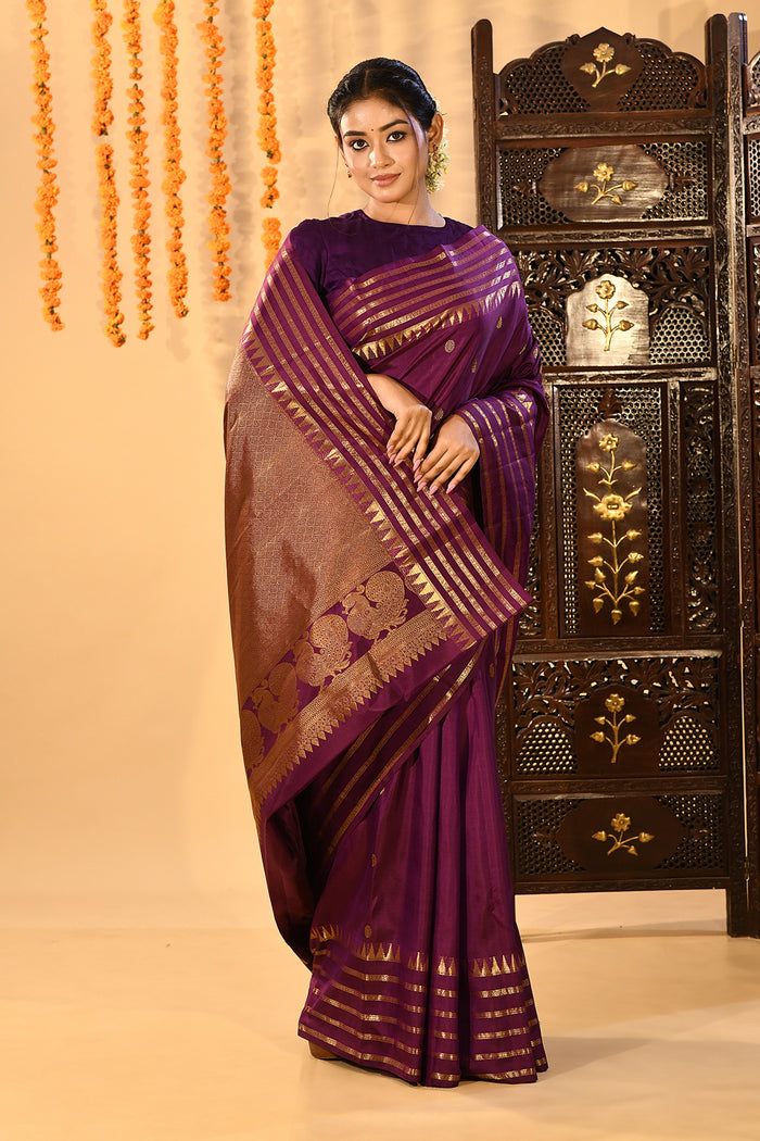 Royal Purple Butti And Temple Border Kanjivaram Silk Saree