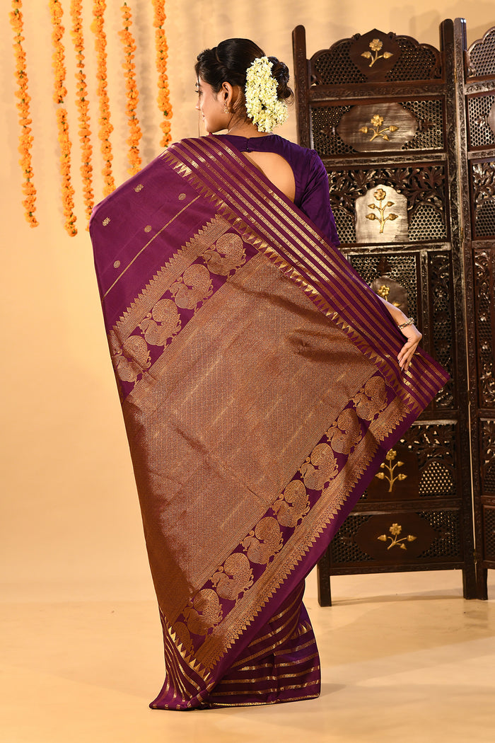 Royal Purple Butti And Temple Border Kanjivaram Silk Saree