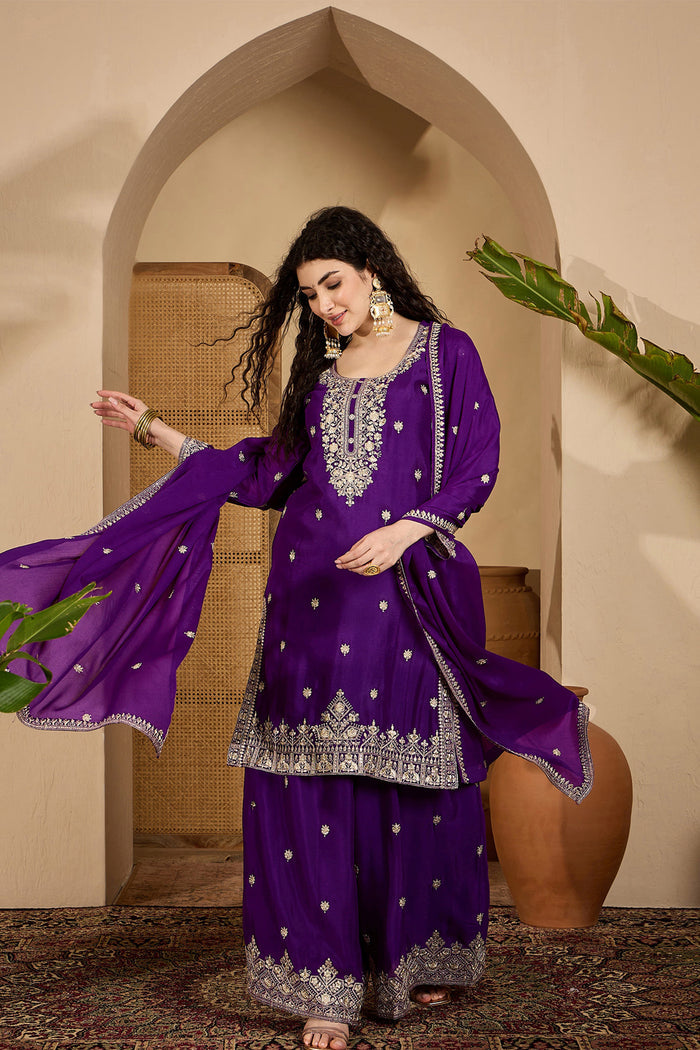 Royal Purple Chinon Silk Embroidered Kurta Set