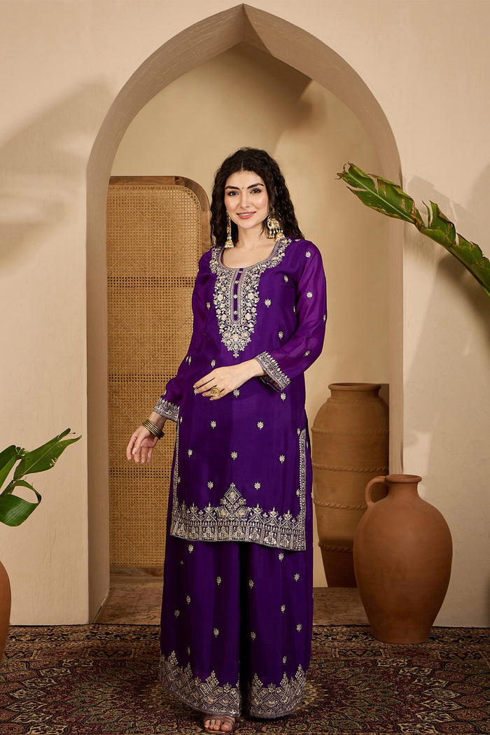 Royal Purple Chinon Silk Embroidered Kurta Set