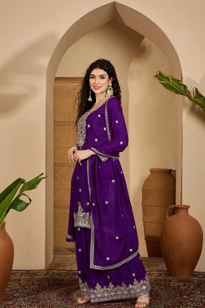 Royal Purple Chinon Silk Embroidered Kurta Set