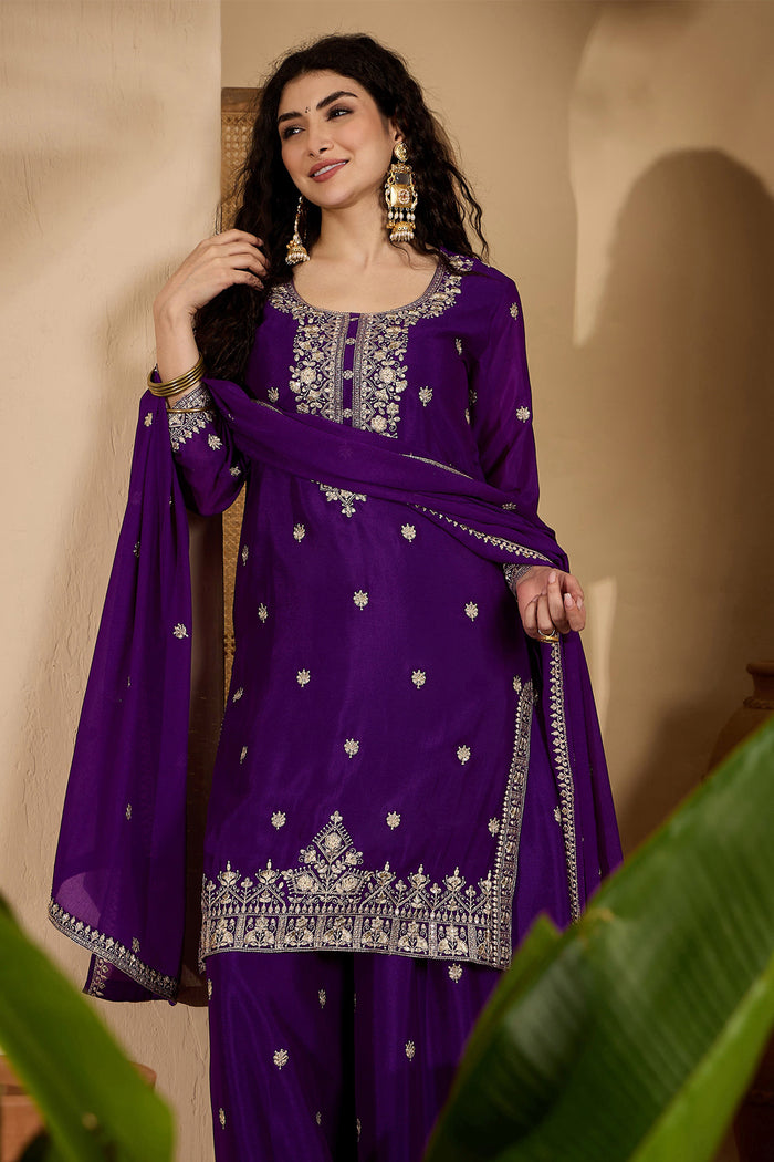 Royal Purple Chinon Silk Embroidered Kurta Set