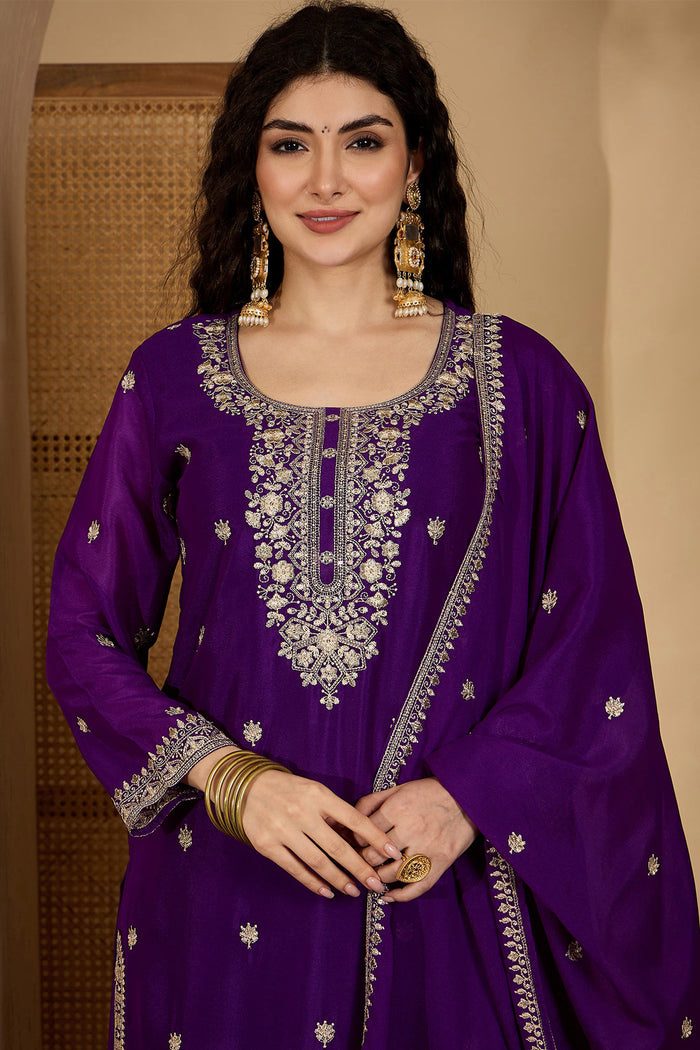 Royal Purple Chinon Silk Embroidered Kurta Set
