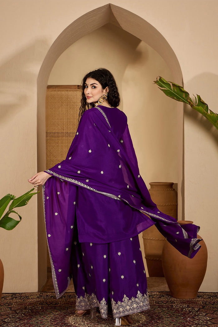 Royal Purple Chinon Silk Embroidered Kurta Set