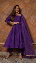 Royal Purple Cotton Anarkali Set With Button Placket