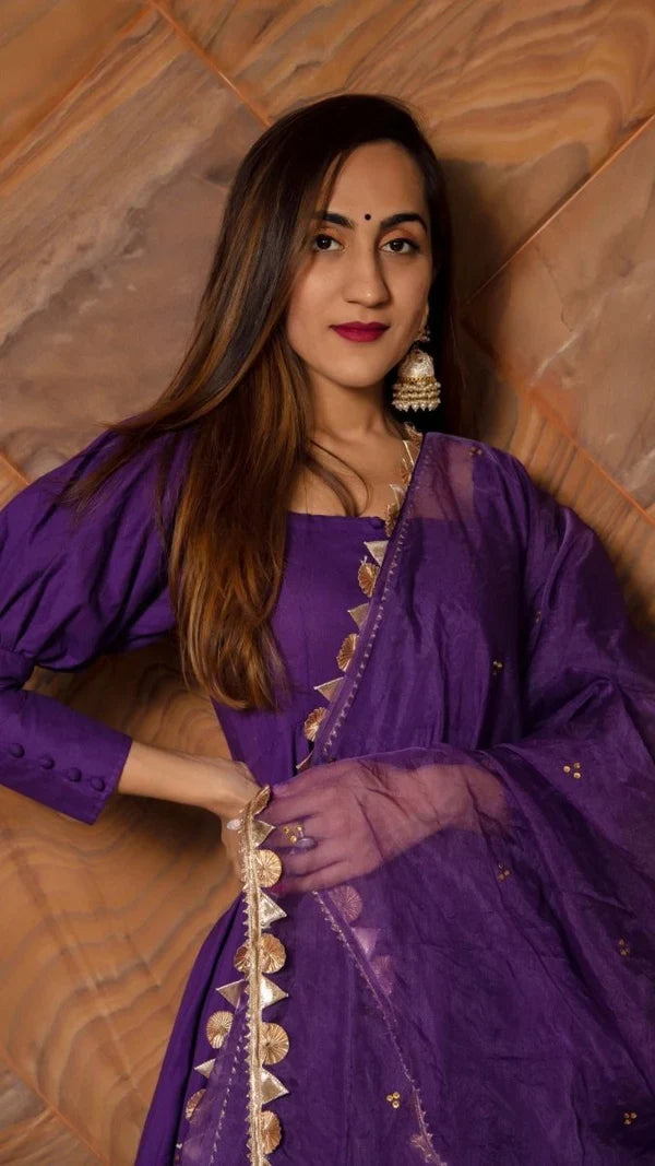 Royal Purple Cotton Anarkali Set With Button Placket