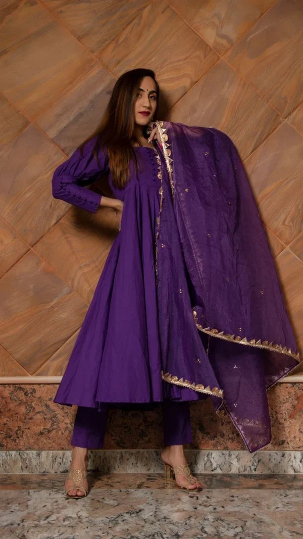 Royal Purple Cotton Anarkali Set With Button Placket