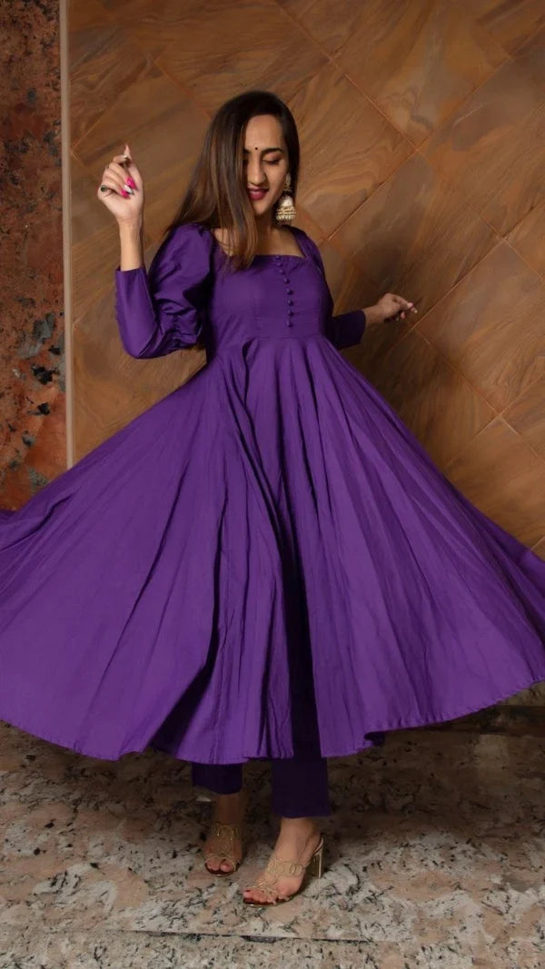 Royal Purple Cotton Anarkali Set With Button Placket