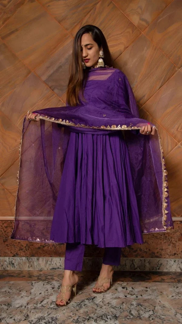 Royal Purple Cotton Anarkali Set With Button Placket