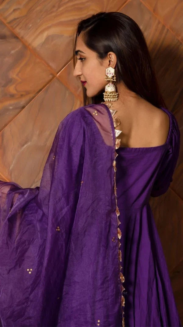 Royal Purple Cotton Anarkali Set With Button Placket