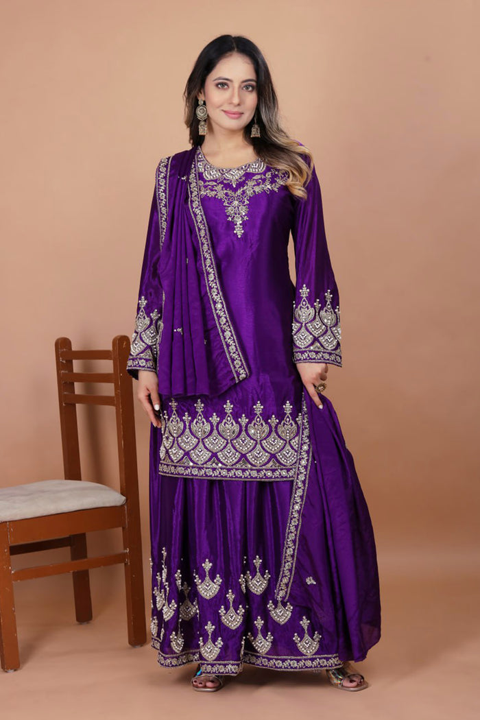 Royal Purple Embroidered Silk Sharara Set