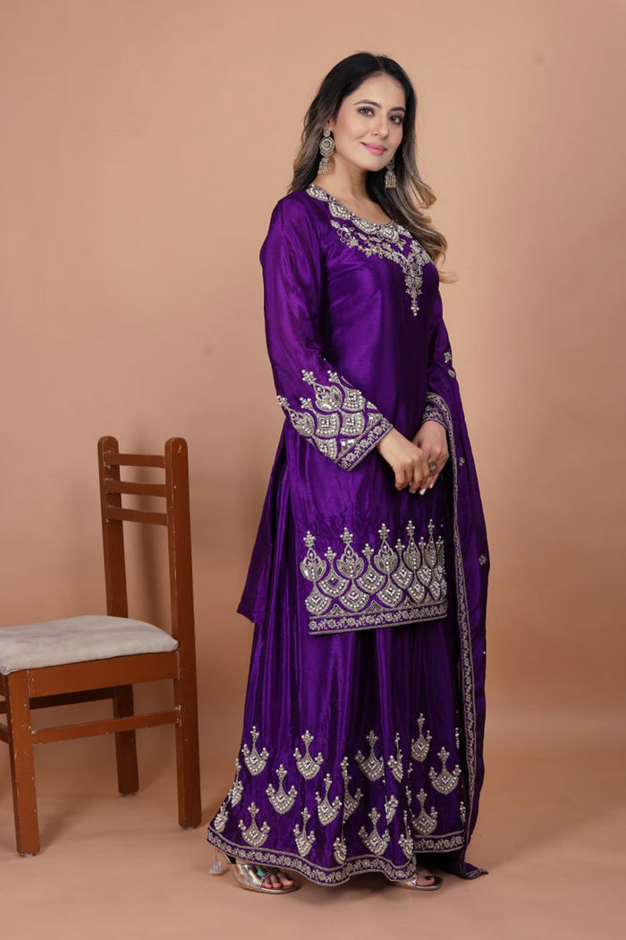 Royal Purple Embroidered Silk Sharara Set