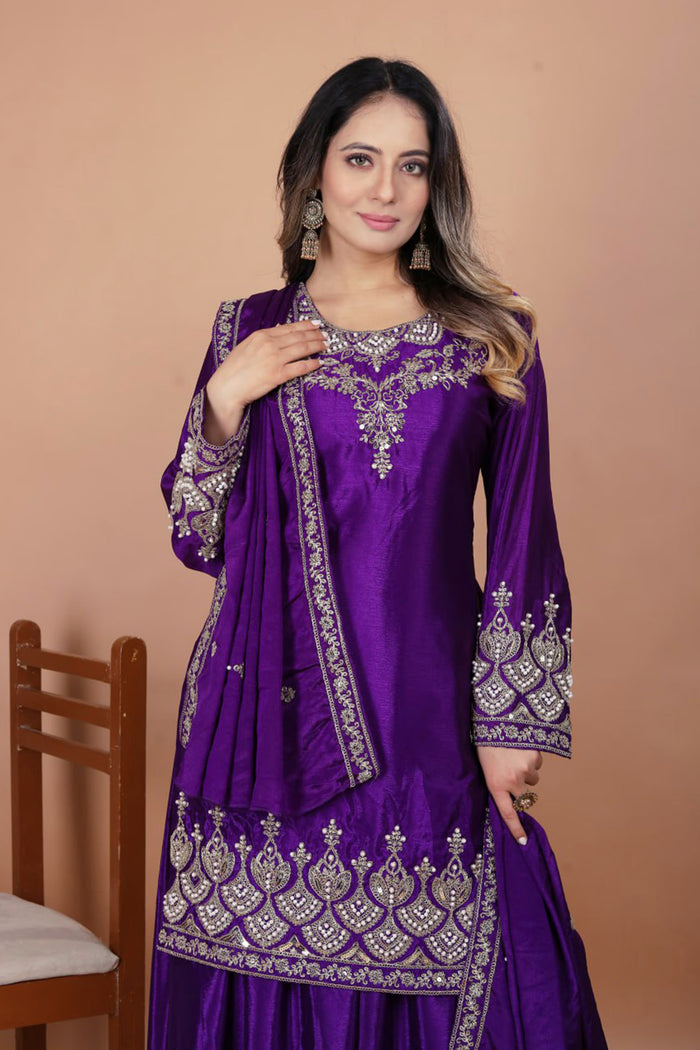 Royal Purple Embroidered Silk Sharara Set