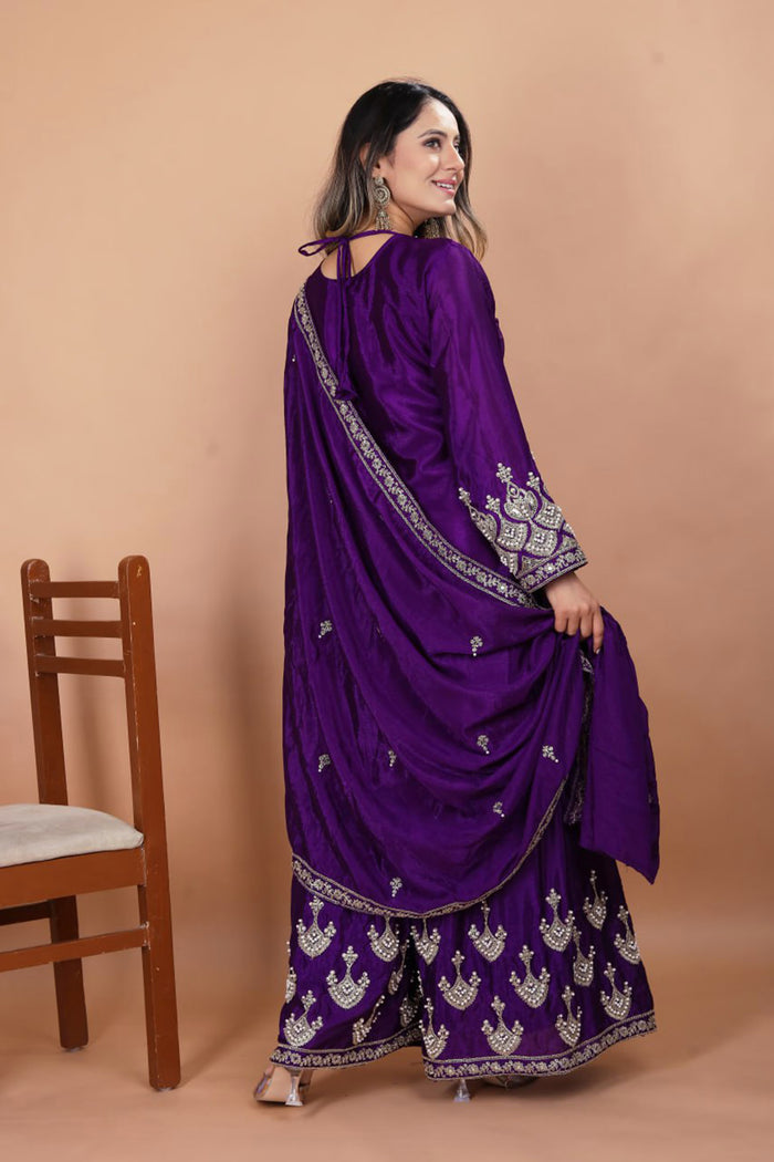 Royal Purple Embroidered Silk Sharara Set