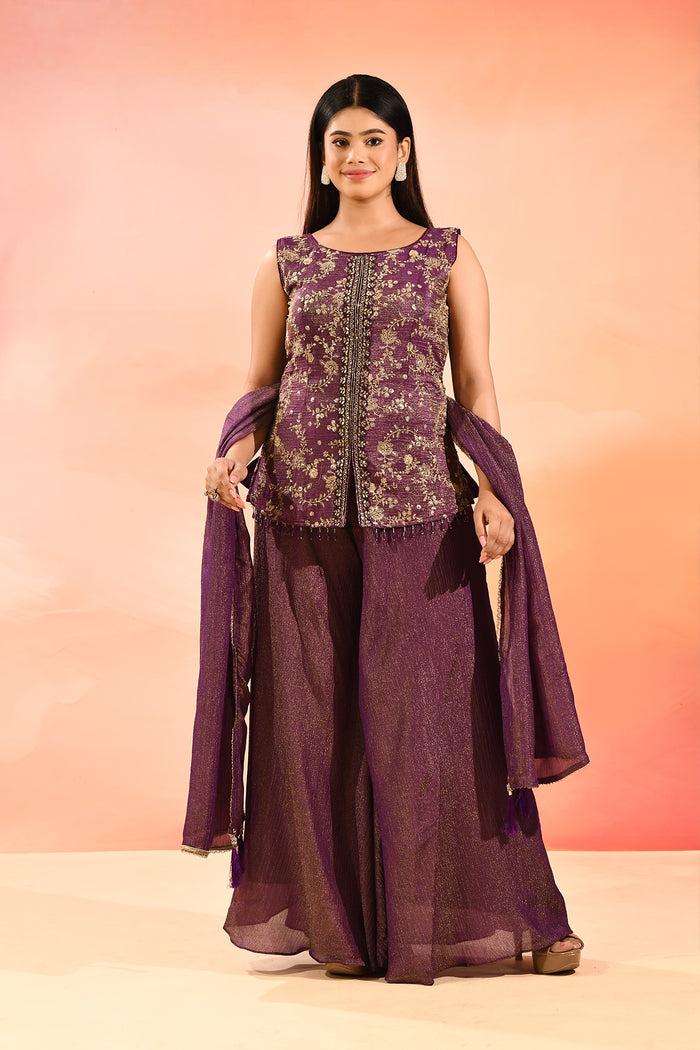 Royal Purple Floral Jaal Embroider Straight Cut Set