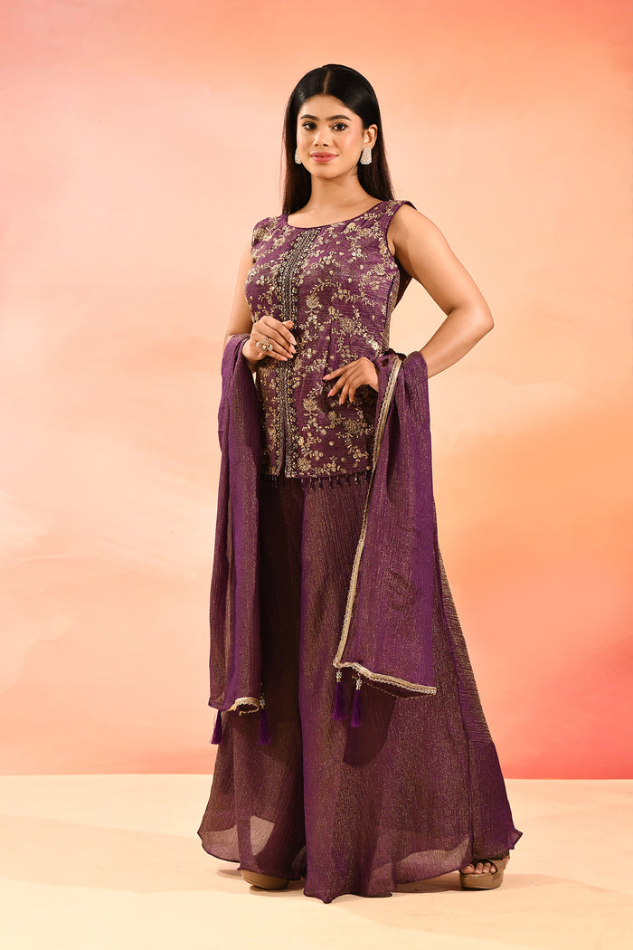Royal Purple Floral Jaal Embroider Straight Cut Set